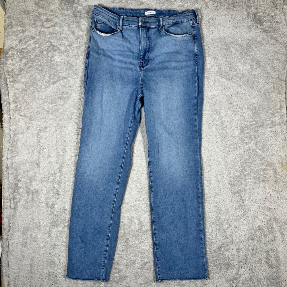 Good American Good Legs Straight Long Jeans Blue Raw Hem High Rise Size 18